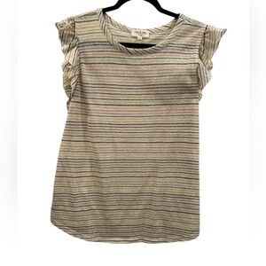 Kim & Cami Los Angeles Metallic Striped Ivory Ruffled Cap Sleeve Blouse/Shirt XL